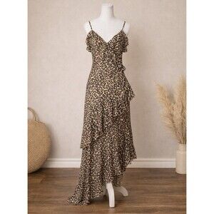 Paris Hilton Leopard Print Maxi Dress Asymmetrical Ruffle Animal Print XL Y2K